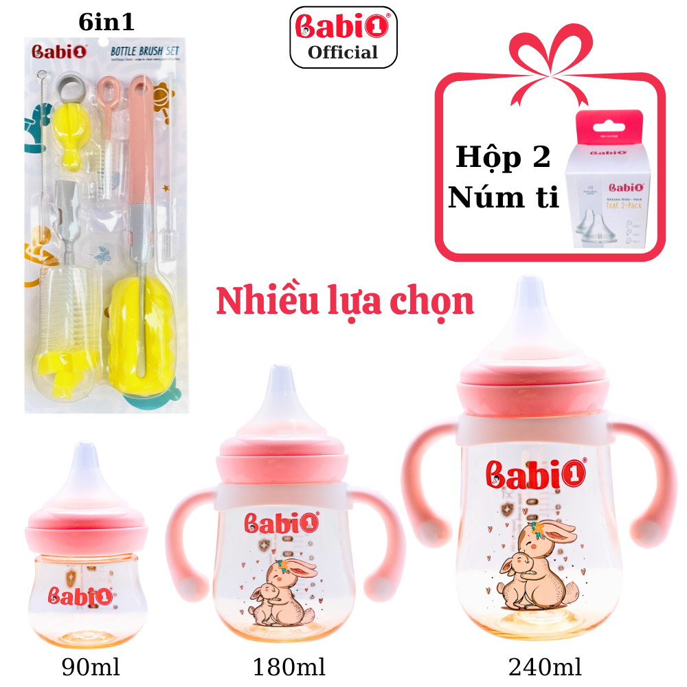 Combo Bộ Cọ Rửa Bình Sữa 6in1 Babi1 Và Bình Sữa PPSU Plus Có Tay Cầm (Đủ Size)