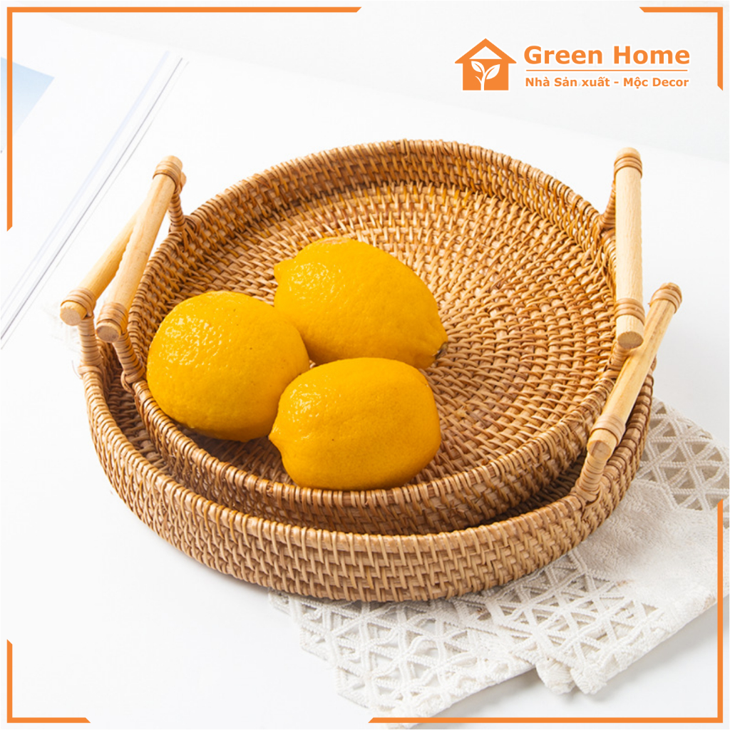 Khay Mây Tròn Có Quai Tay Cầm, Khay Mây Để Đồ Ăn Uống, Đồ Decor Trong Nhà Hàng, Khách Sạn, Tiệm Trà
