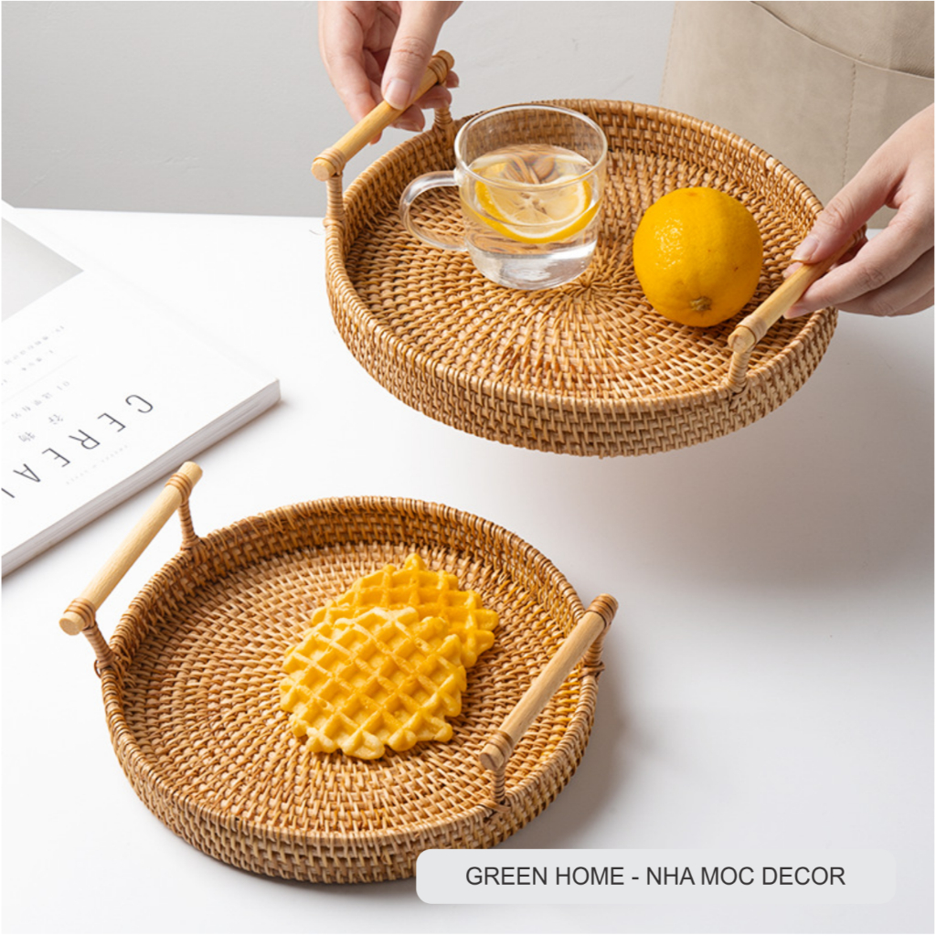 Khay Mây Tròn Có Quai Tay Cầm, Khay Mây Để Đồ Ăn Uống, Đồ Decor Trong Nhà Hàng, Khách Sạn, Tiệm Trà