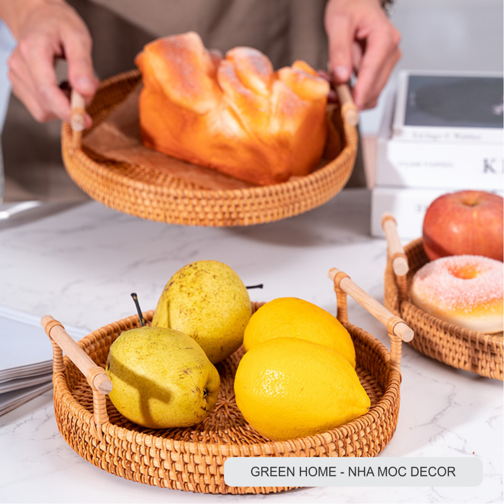 Khay Mây Tròn Có Quai Tay Cầm, Khay Mây Để Đồ Ăn Uống, Đồ Decor Trong Nhà Hàng, Khách Sạn, Tiệm Trà