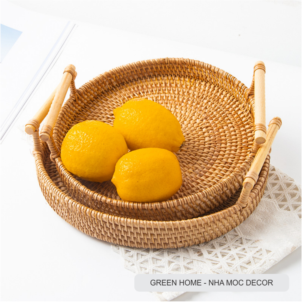 Khay Mây Tròn Có Quai Tay Cầm, Khay Mây Để Đồ Ăn Uống, Đồ Decor Trong Nhà Hàng, Khách Sạn, Tiệm Trà