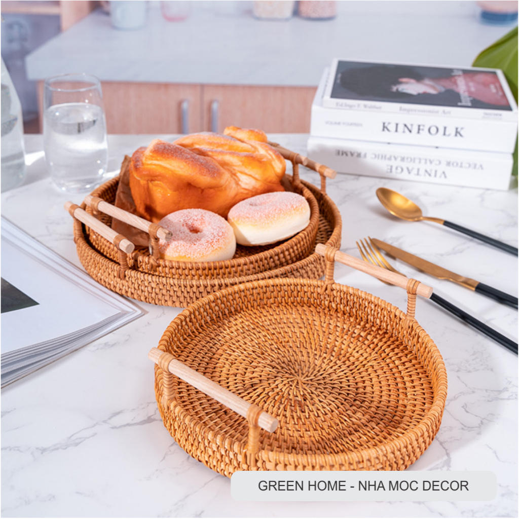 Khay Mây Tròn Có Quai Tay Cầm, Khay Mây Để Đồ Ăn Uống, Đồ Decor Trong Nhà Hàng, Khách Sạn, Tiệm Trà