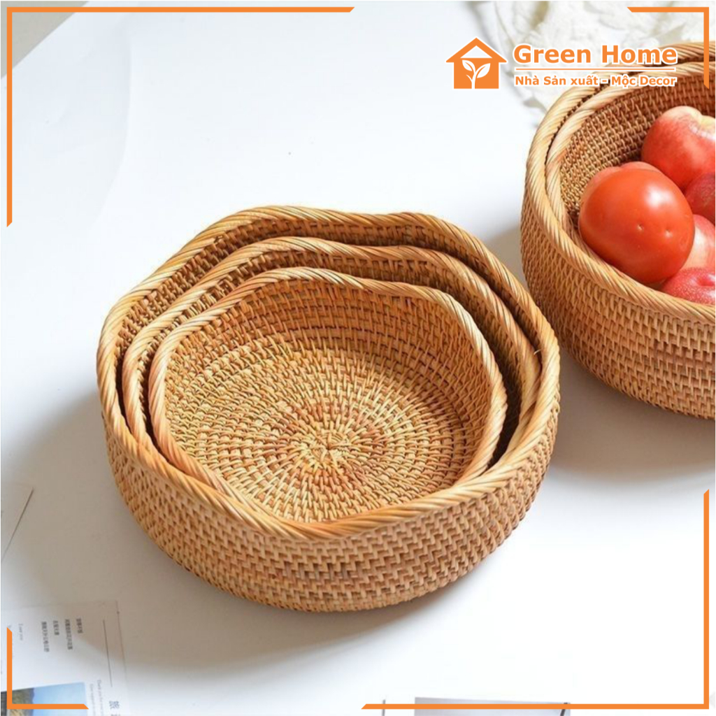 Giỏ Mây Tròn Miệng Lượn Sóng, Bộ 3 Rổ Mây Đựng Đồ Ăn, Hoa Quả Bánh Kẹo, Hạt Ngũ Cốc