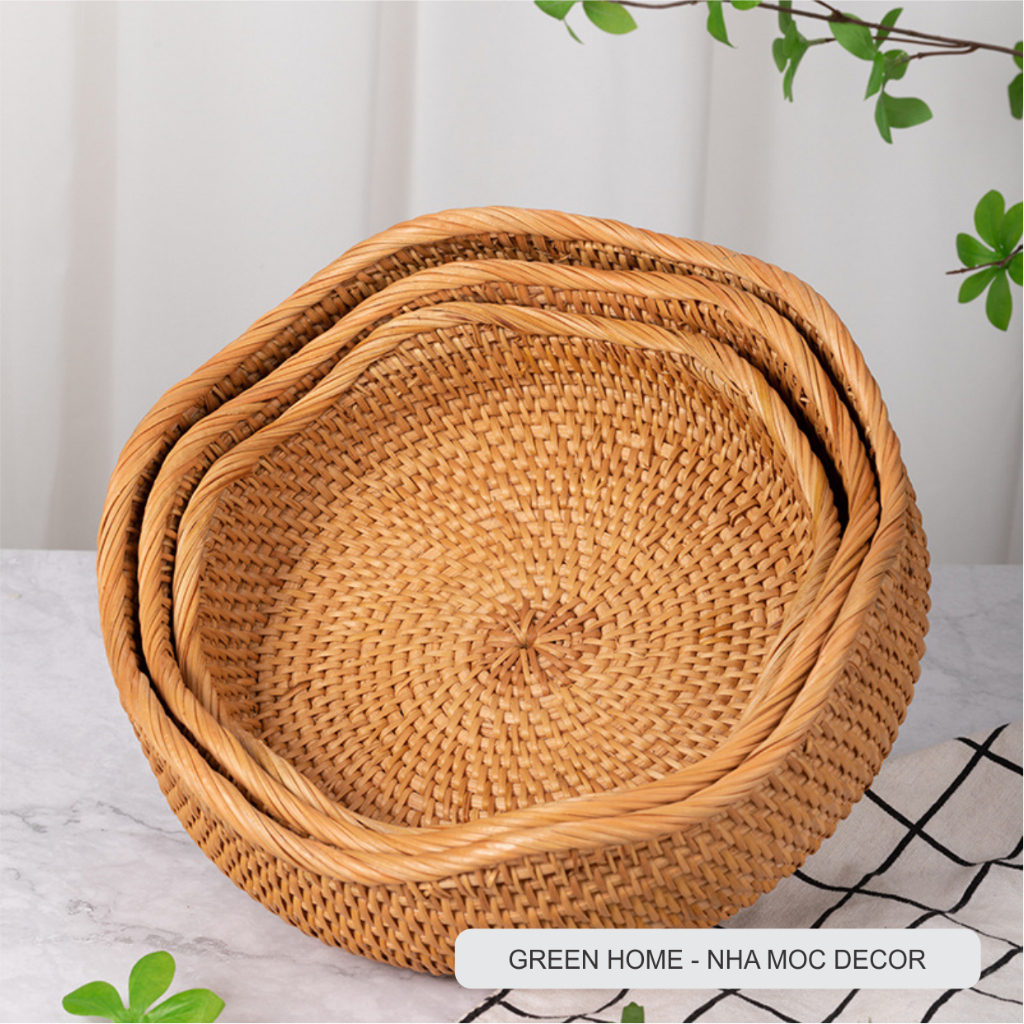 Giỏ Mây Tròn Miệng Lượn Sóng, Bộ 3 Rổ Mây Đựng Đồ Ăn, Hoa Quả Bánh Kẹo, Hạt Ngũ Cốc