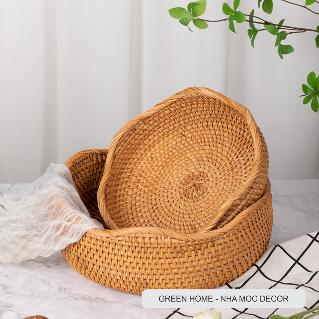 Giỏ Mây Tròn Miệng Lượn Sóng, Bộ 3 Rổ Mây Đựng Đồ Ăn, Hoa Quả Bánh Kẹo, Hạt Ngũ Cốc