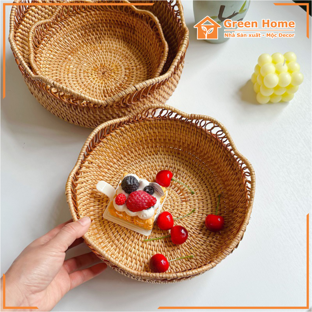 Rổ Mây Tre Đan Lượn Sóng Cách Điệu, Bộ 3 Giỏ Mây Tròn Đựng Đồ Ăn, Hoa Quả Bánh Kẹo, Hạt Ngũ Cốc