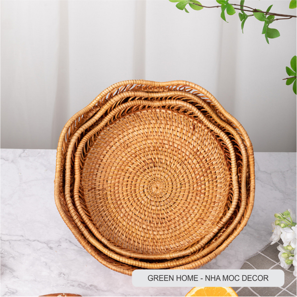 Rổ Mây Tre Đan Lượn Sóng Cách Điệu, Bộ 3 Giỏ Mây Tròn Đựng Đồ Ăn, Hoa Quả Bánh Kẹo, Hạt Ngũ Cốc