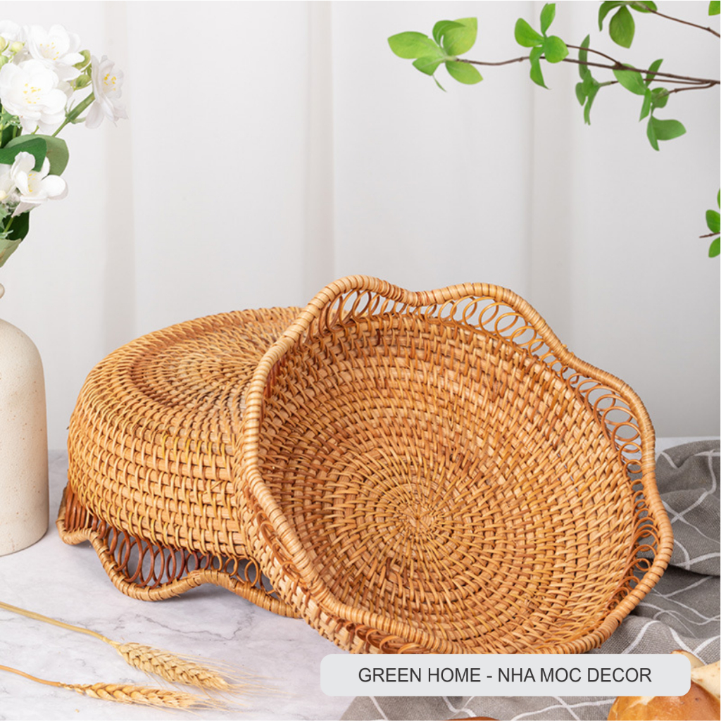 Rổ Mây Tre Đan Lượn Sóng Cách Điệu, Bộ 3 Giỏ Mây Tròn Đựng Đồ Ăn, Hoa Quả Bánh Kẹo, Hạt Ngũ Cốc