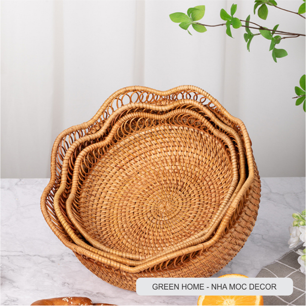 Rổ Mây Tre Đan Lượn Sóng Cách Điệu, Bộ 3 Giỏ Mây Tròn Đựng Đồ Ăn, Hoa Quả Bánh Kẹo, Hạt Ngũ Cốc