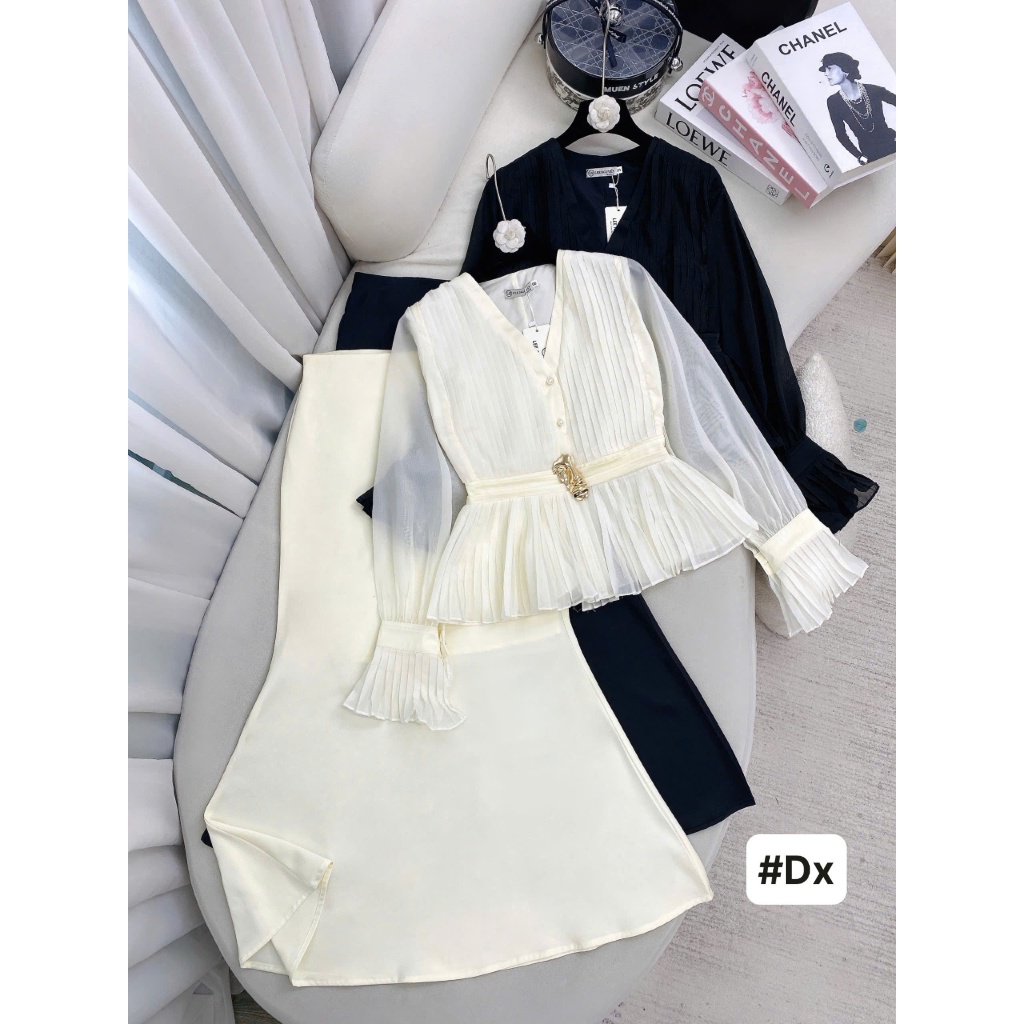 Set bộ áo tay dài phối chân váy đuôi cá, Set đồ nữ áo tơ bèo kèm tag mix chân váy dáng dài tiểu thư