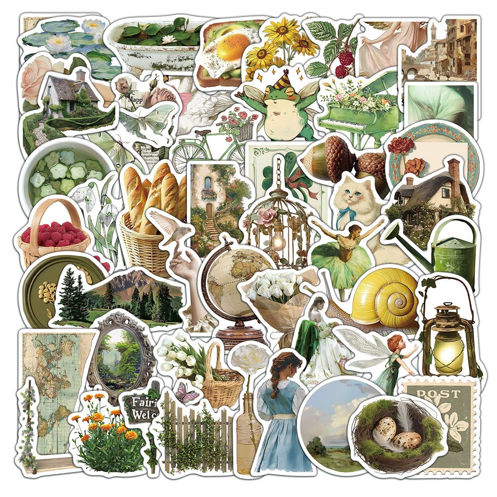 Set 50 cái sticker chống nước THẾ GIỚI CỔ TÍCH MÀU XANH LÁ VINTAGE ...