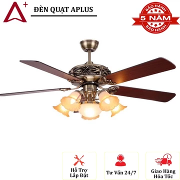 Quạt trần đèn chùm Aplus 5 cánh gỗ.Quạt trần gỗ tân cổ điển sải cánh 1m4,Động cơ DC 6 tốc độ gió lắp phòng khách,spa