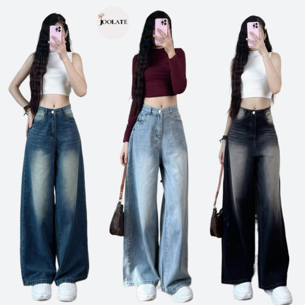 Quần Jean Nữ Ống Rộng Cạp Cao Joolate Màu Rêu RETRO Dáng Suông Vintage Hàn Quốc - Quần Bò Ống Đứng Đi Học, Đi Làm