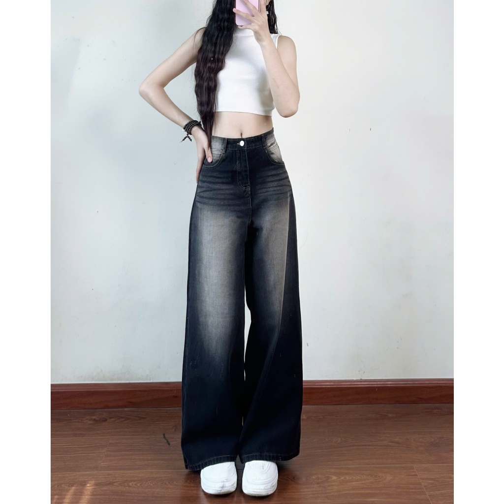 Quần Jean Nữ Ống Rộng Cạp Cao Joolate Màu Rêu RETRO Dáng Suông Vintage Hàn Quốc - Quần Bò Ống Đứng Đi Học, Đi Làm