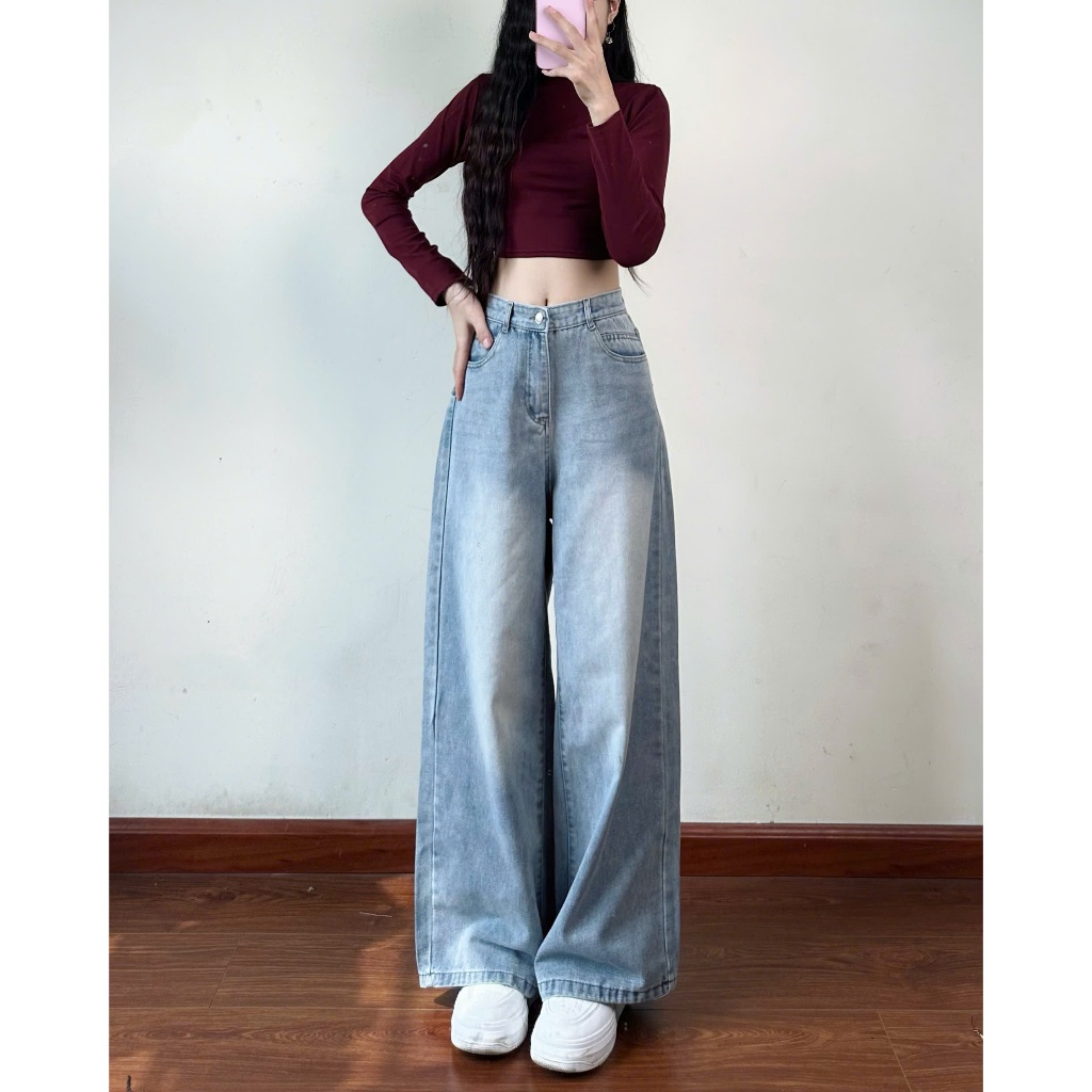 Quần Jean Nữ Ống Rộng Cạp Cao Joolate Màu Rêu RETRO Dáng Suông Vintage Hàn Quốc - Quần Bò Ống Đứng Đi Học, Đi Làm