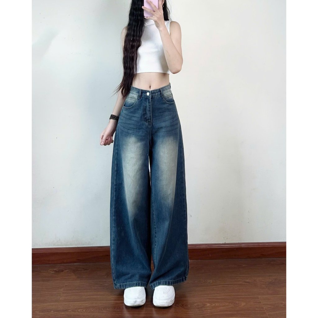 Quần Jean Nữ Ống Rộng Cạp Cao Joolate Màu Rêu RETRO Dáng Suông Vintage Hàn Quốc - Quần Bò Ống Đứng Đi Học, Đi Làm