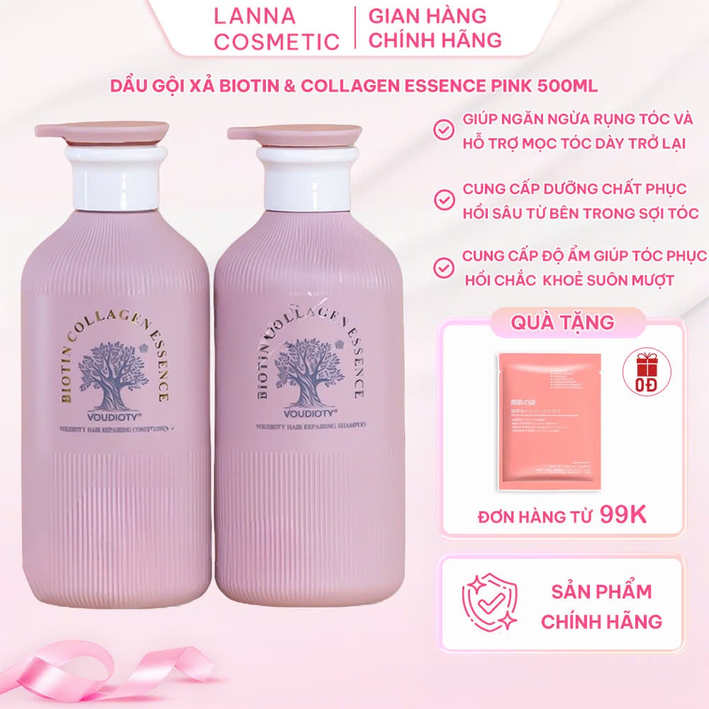 Dầu Gội xả Biotin & Collagen Essence Pink sạch gàu, kích thích mọc tóc, tóc óng mượt- Cặp gội xả Anh Quốc hồng 500ml