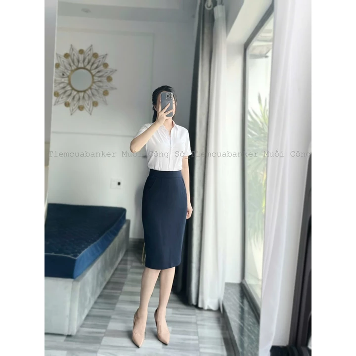 Váy Công Sở Có Túi Và Cạp Eo 1 Lớp, Chân Váy Xanh Đen, Váy Bút Chì Ôm Dáng Size To, Chì Trơn Chất Vải Trượt Co Dãn Nhiều