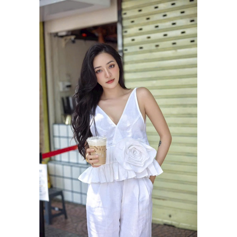 [Mya house] Áo linen sát nách cổ V hoa eo ORCHID TOP