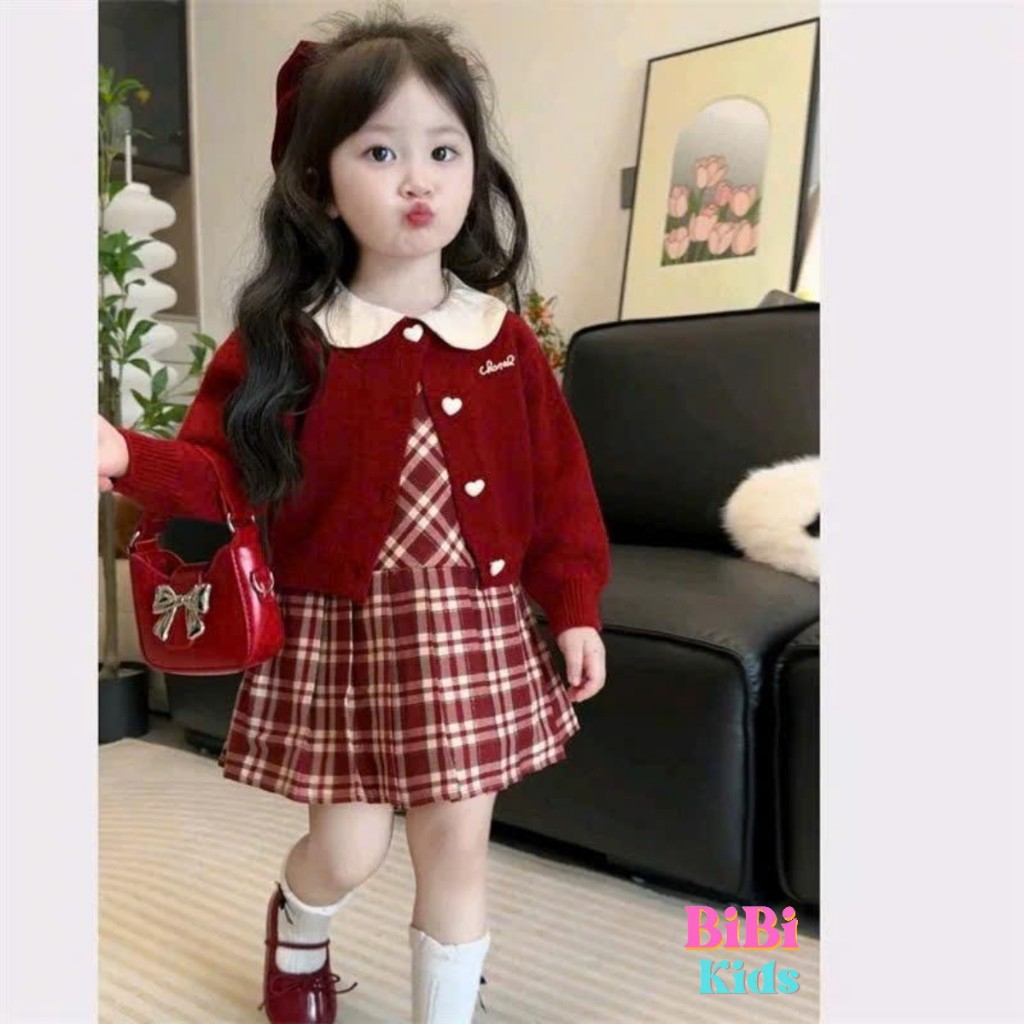 sét bé gái , sét áo khoác cardigan len kèm váy kẻ caro cho bé gái siêu ...
