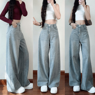 Quần Jean Ống Rộng, Quần Bò Ống Suông Cạp Cao Màu Wash Retro 247store
