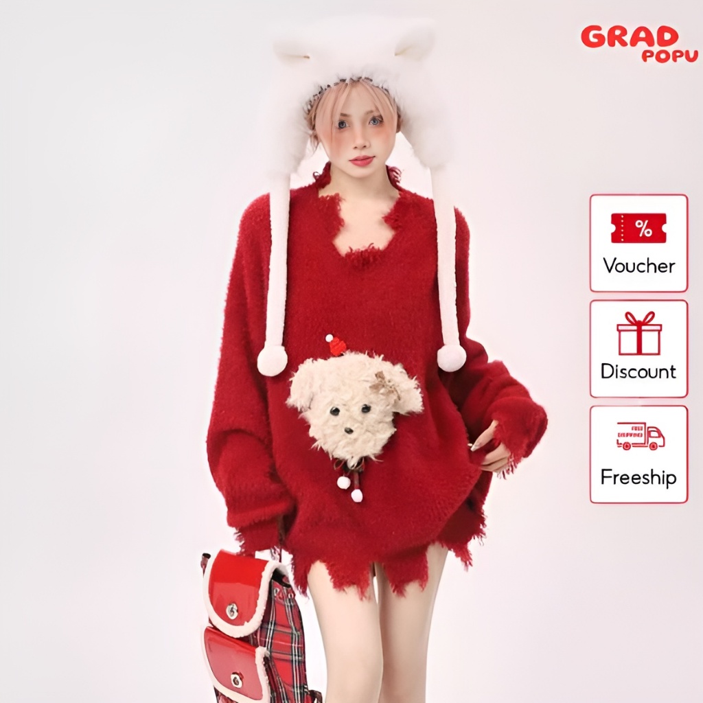 Áo len nữ hàn quốc form rộng GRADPOPU PAL10 vải len dệt kim mềm mịn thông thoáng thiết kế tua rua nổi bật