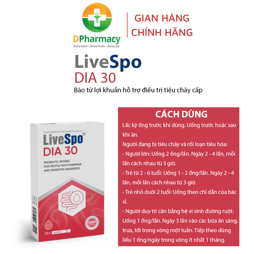 LiveSpo DIA 30 - Hỗ Trợ Giảm Triệu Chứng Tiêu Chảy Cấp (10 ống x 5ml)