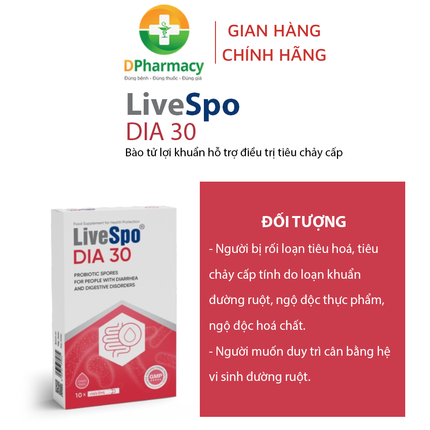 LiveSpo DIA 30 - Hỗ Trợ Giảm Triệu Chứng Tiêu Chảy Cấp (10 ống x 5ml)
