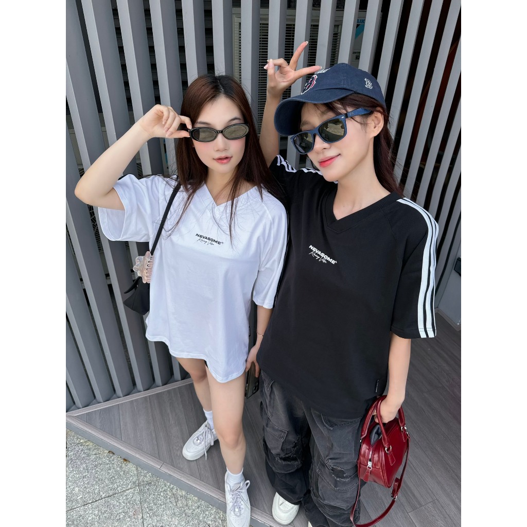 Áo Thun Boxy Raglan Local Brand NEVASOME V-Neck Sọc Tay Cotton 260 gsm Tay Lỡ Form Boxy Rộng Nam Nữ