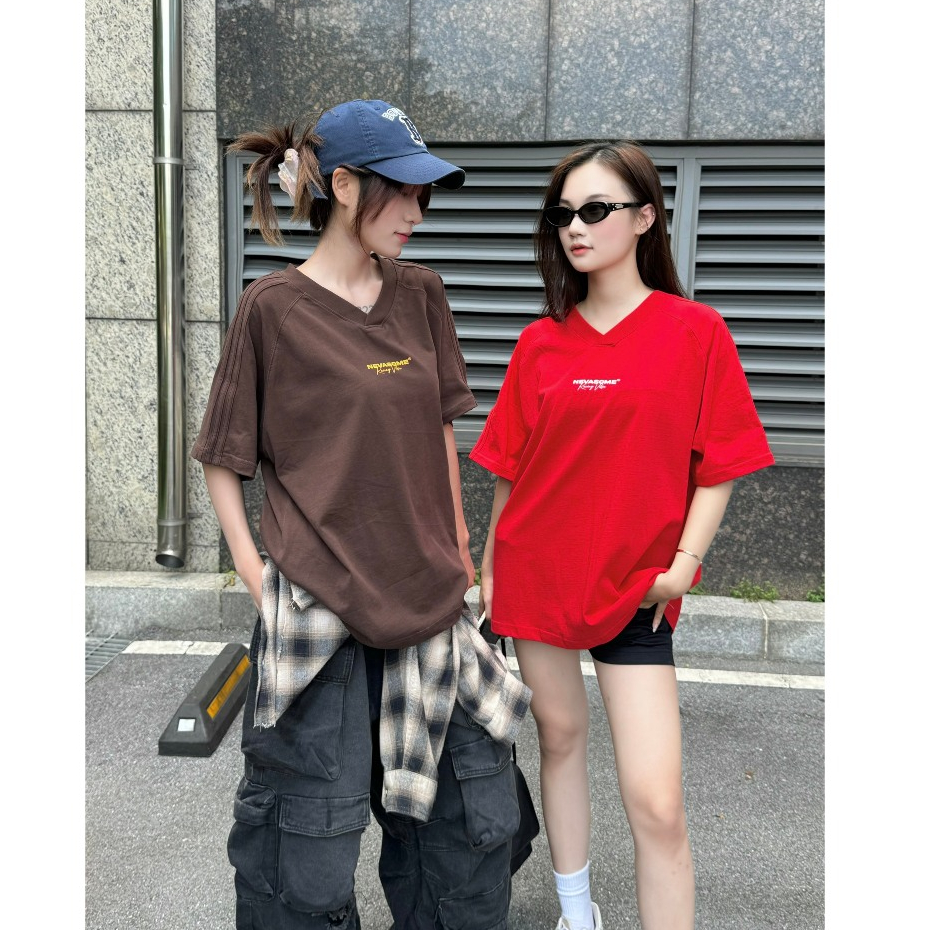 Áo Thun Boxy Raglan Local Brand NEVASOME V-Neck Sọc Tay Cotton 260 gsm Tay Lỡ Form Boxy Rộng Nam Nữ