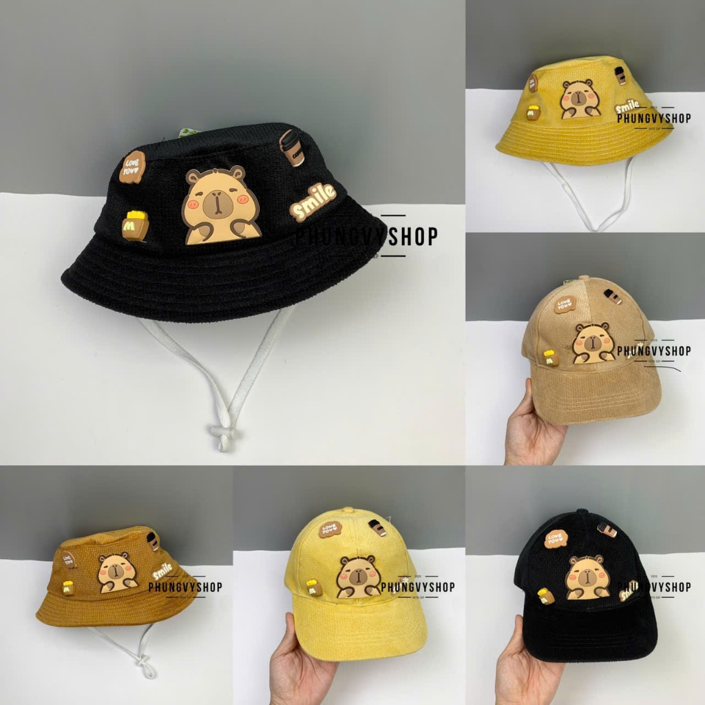 Có 2 Size_Mũ bucket lưỡi trai tai bèo vành trai gái trẻ em phungvyshop-nón /Bo Kết NHUNG TUYẾT CAPYBARA LOẠI CHARM /