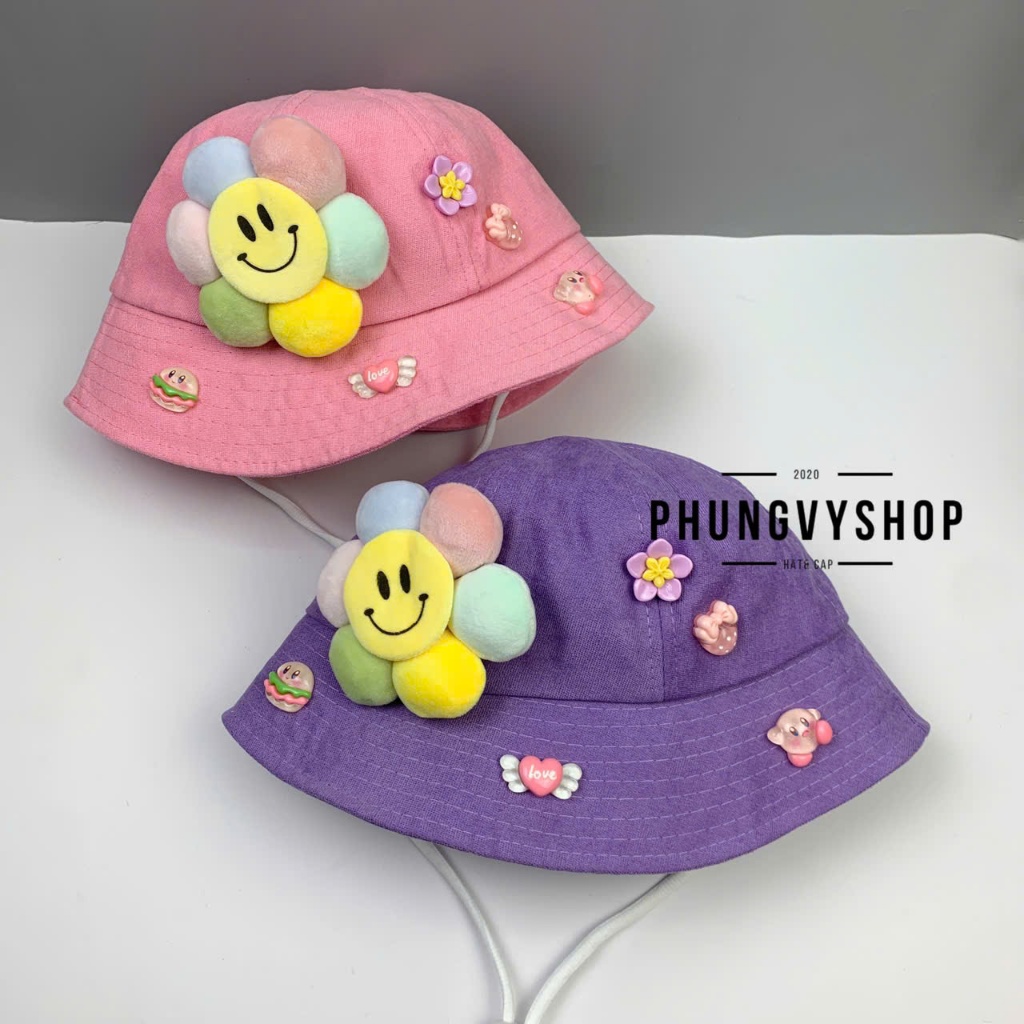 Bé 2-5 Tuổi/Vđ 52cm_Mũ bucket tai bèo vành trai gái trẻ em phungvyshop-nón /Bo trung MÚI NHUNG gắn HOA cười tem NT   /