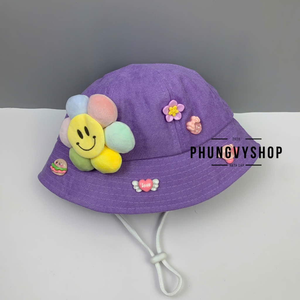Bé 2-5 Tuổi/Vđ 52cm_Mũ bucket tai bèo vành trai gái trẻ em phungvyshop-nón /Bo trung MÚI NHUNG gắn HOA cười tem NT   /