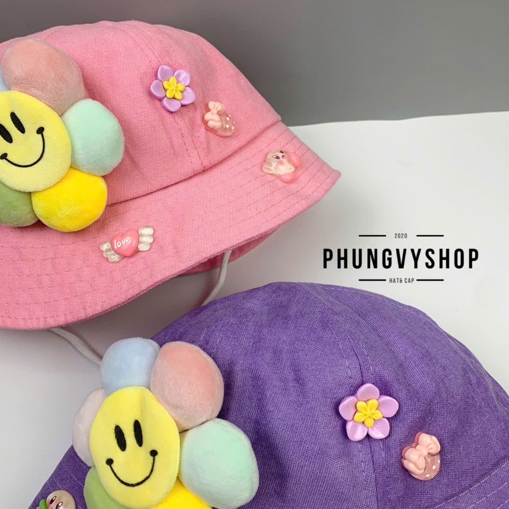 Bé 2-5 Tuổi/Vđ 52cm_Mũ bucket tai bèo vành trai gái trẻ em phungvyshop-nón /Bo trung MÚI NHUNG gắn HOA cười tem NT   /