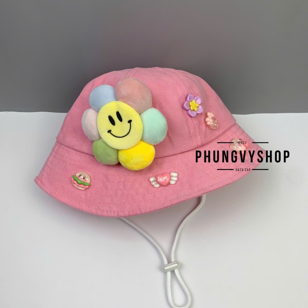 Bé 2-5 Tuổi/Vđ 52cm_Mũ bucket tai bèo vành trai gái trẻ em phungvyshop-nón /Bo trung MÚI NHUNG gắn HOA cười tem NT   /