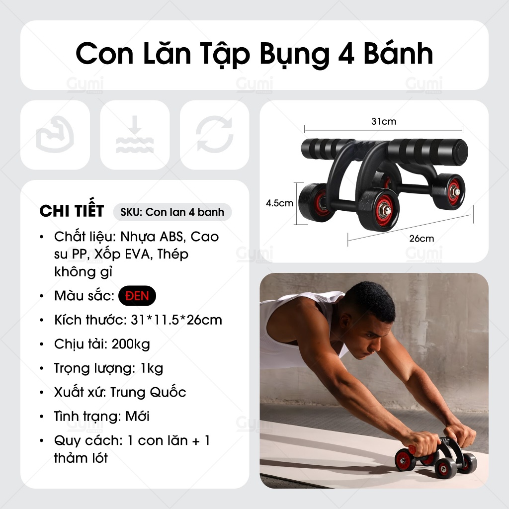[Kèm Thảm Lót] Con Lăn Tập Bụng 4 Bánh Đa Năng - Dụng Cụ Tập Cơ Bụng Tại Nhà - ConLan4Banh