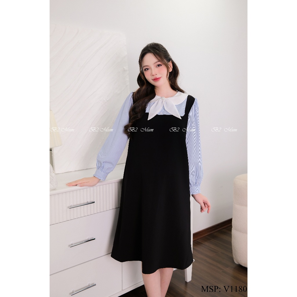 Váy bầu kèm nơ Chất tuyết mưa thấm hút mồ hôi Mặc đi làm, đi chơi V1180 thiết kế by B2MUM