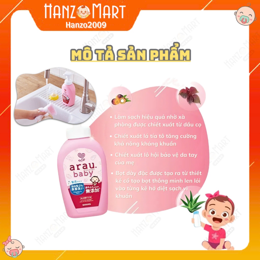 Nước rửa bình Arau Baby Nhật Bản chai 500ml /túi 450ml hanzomart