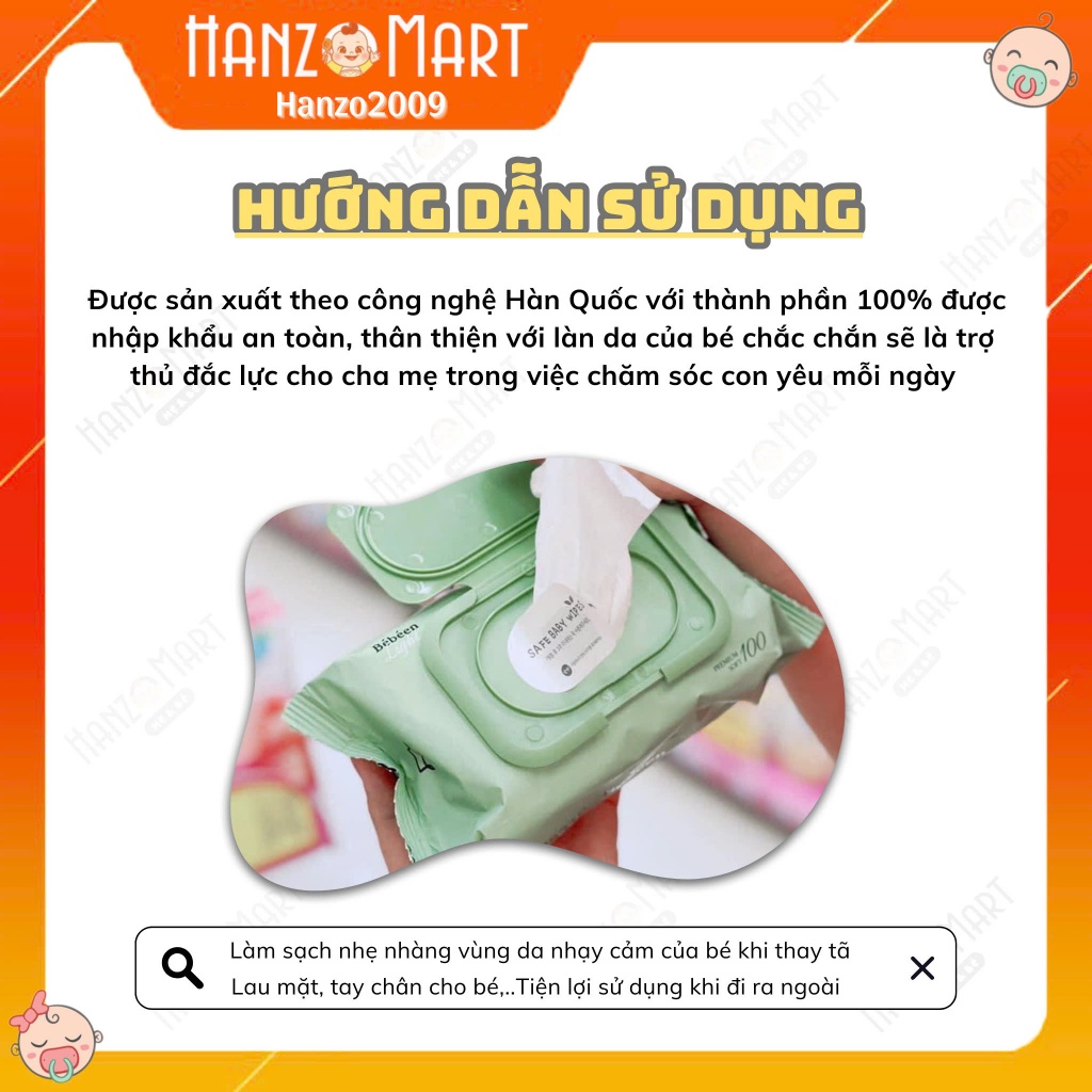 Khăn ướt Bebeen Hàn Quốc 100 tờ không mùi Hồng / xanh cho bé trẻ em