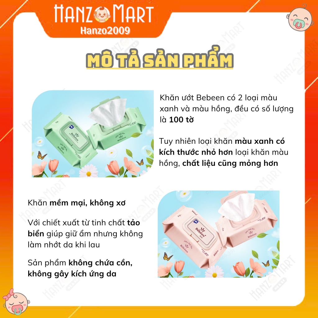 Khăn giấy ướt Bebeen nội địa Hàn không mùi 100 tờ - hanzomart