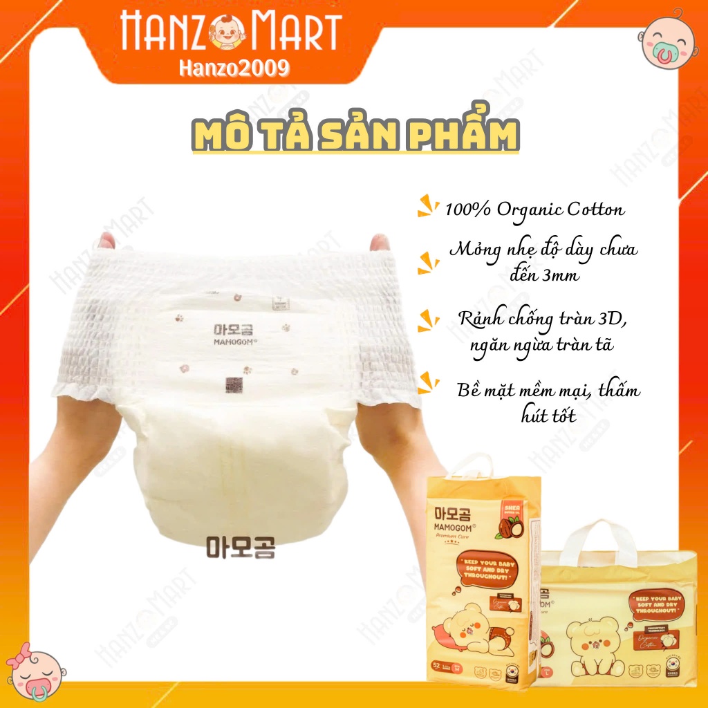 Bỉm hữu cơ Mamogom công nghệ Hàn dán/quần đủ size S62/M52/M48/L44/XL40/XXL38 cho bé sơ sinh Mamogom