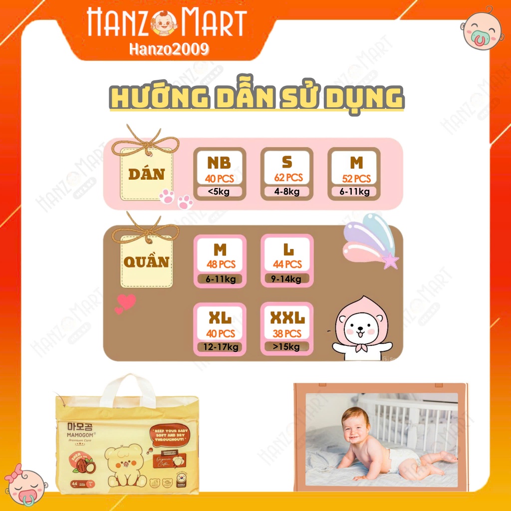 Bỉm hữu cơ Mamogom công nghệ Hàn dán/quần đủ size S62/M52/M48/L44/XL40/XXL38 cho bé sơ sinh Mamogom