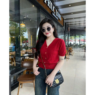 Áo len nữ cộc tay cadigan cổ v màu trơn basic, len mềm mịn free size 649