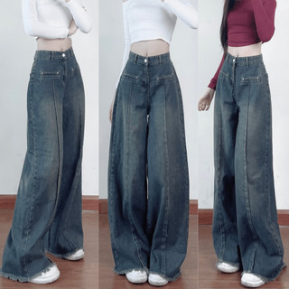 Quần Jean Ống Rộng Cạp Cao 247Store Dáng Dài Ôm Eo Màu Đậm Vintage Đi Học Đi Làm