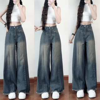 Quần Jean Ống Rộng Cạp Cao 247Store Dáng Dài Ôm Eo Màu Đậm Vintage Đi Học Đi Làm
