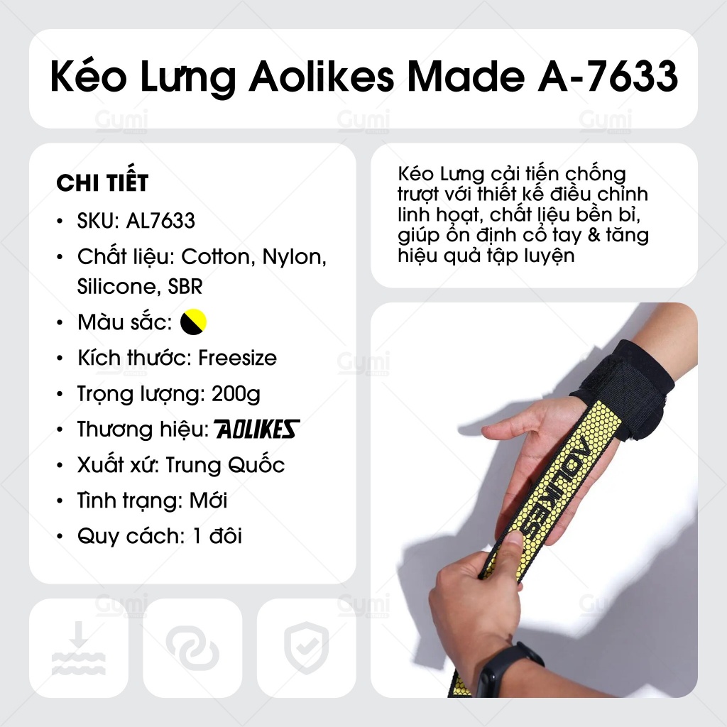 [1 Đôi] Dây Kéo Lưng Cải Tiến Aolikes AL-7633 - Quấn Cổ Tay Nâng Tạ, Đu Xà, Tập Gym Chính Hãng - AL7633