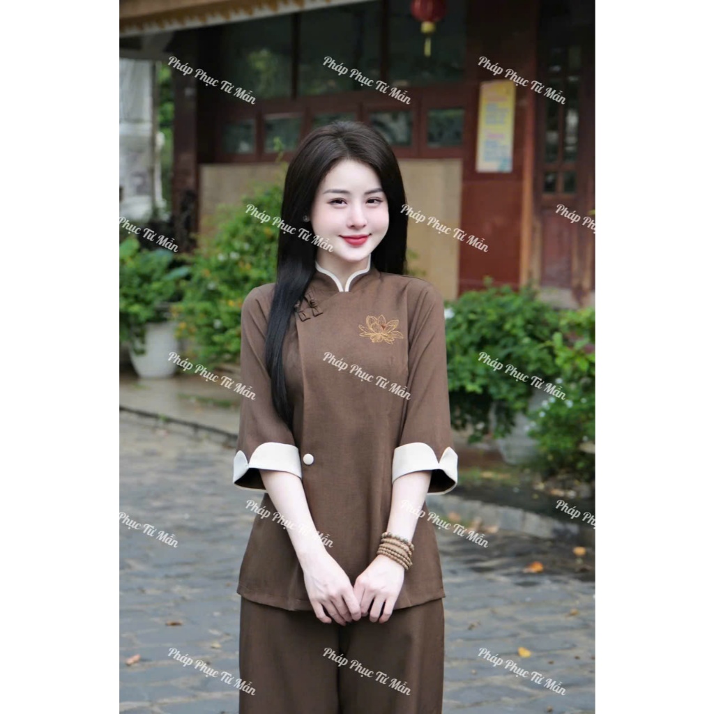 Bộ đồ đi chùa cổ tàu thêu sen vải đũi thái Đồ lam nữ phối viền đính cúc bọc đũi mềm Thanh lịch