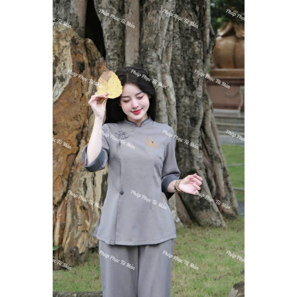 Bộ đồ đi chùa cổ tàu thêu sen vải đũi thái Đồ lam nữ phối viền đính cúc bọc đũi mềm Thanh lịch