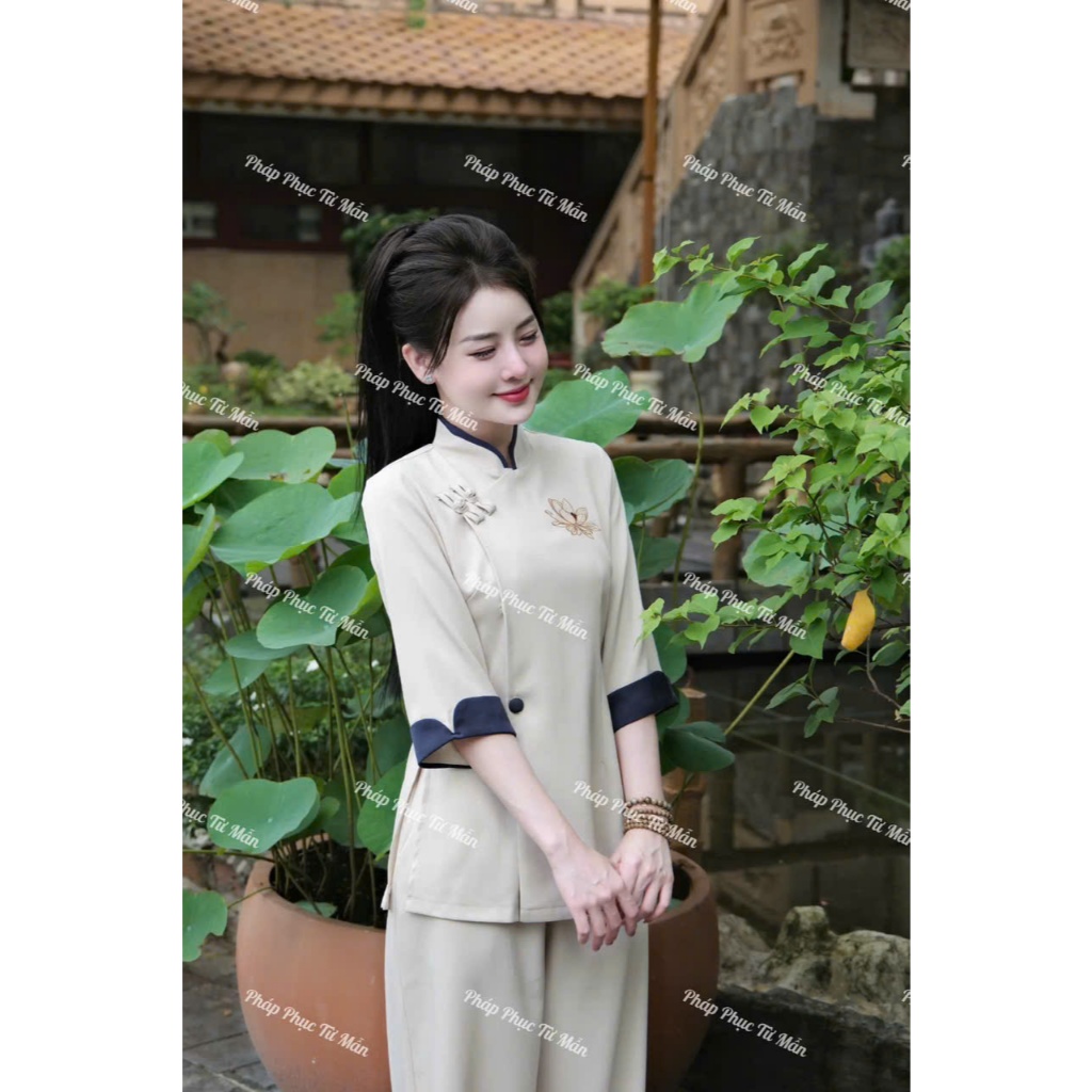 Bộ đồ đi chùa cổ tàu thêu sen vải đũi thái Đồ lam nữ phối viền đính cúc bọc đũi mềm Thanh lịch