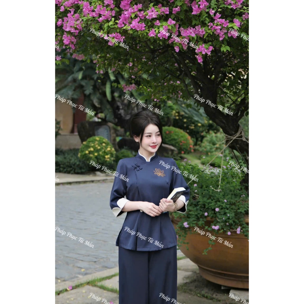 Bộ đồ đi chùa cổ tàu thêu sen vải đũi thái Đồ lam nữ phối viền đính cúc bọc đũi mềm Thanh lịch